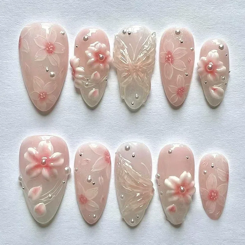 

24Pcs 3D Flower Gradient False Nails with Summer Pink Sweet Butterfly Stick on Nails Mid-length Almond Fashion Acrylic Nails Art