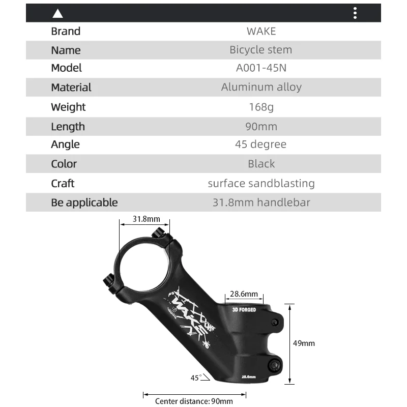 Wake Mountain Road Bike Accessories Bicycle Handlebar Stem 31.8mm 45 Degree Aluminum Alloy 90mm Lightweight for MTB BMX Cycling