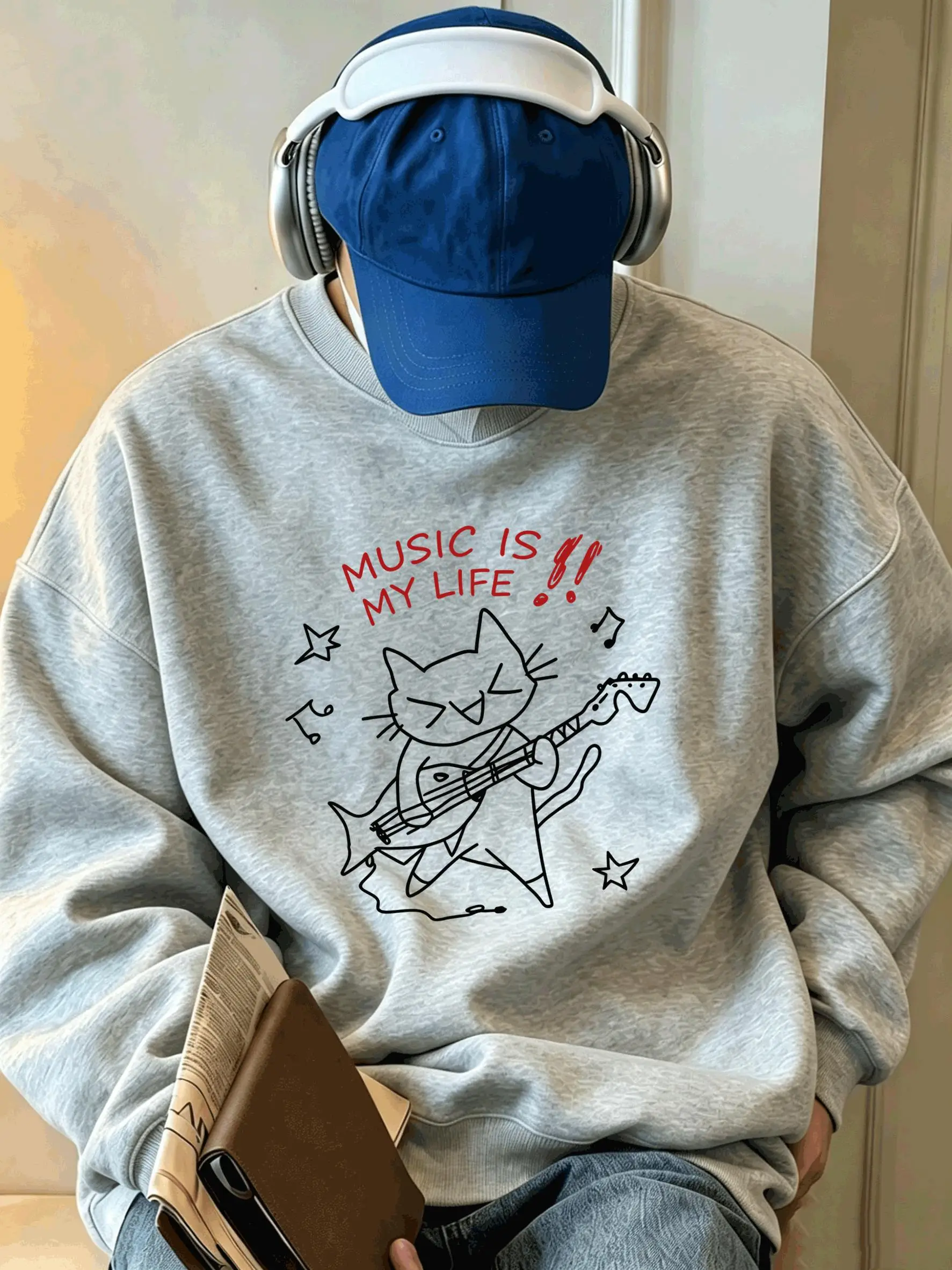 Cat Playing Guitar Music Is My Life Printed Men'S Sweatshirt Autumn Loose Clothing All-Match Casual Pullover Fleece Tracksuit