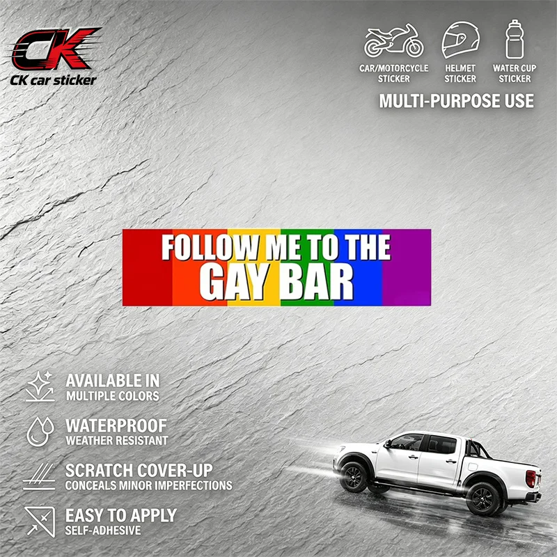 Rainbow Pride Car Sticker Follow Me To The Gay Bar Funny Decal AutoWaterproof for Car Motorcycle Laptop Auto Body Decoration