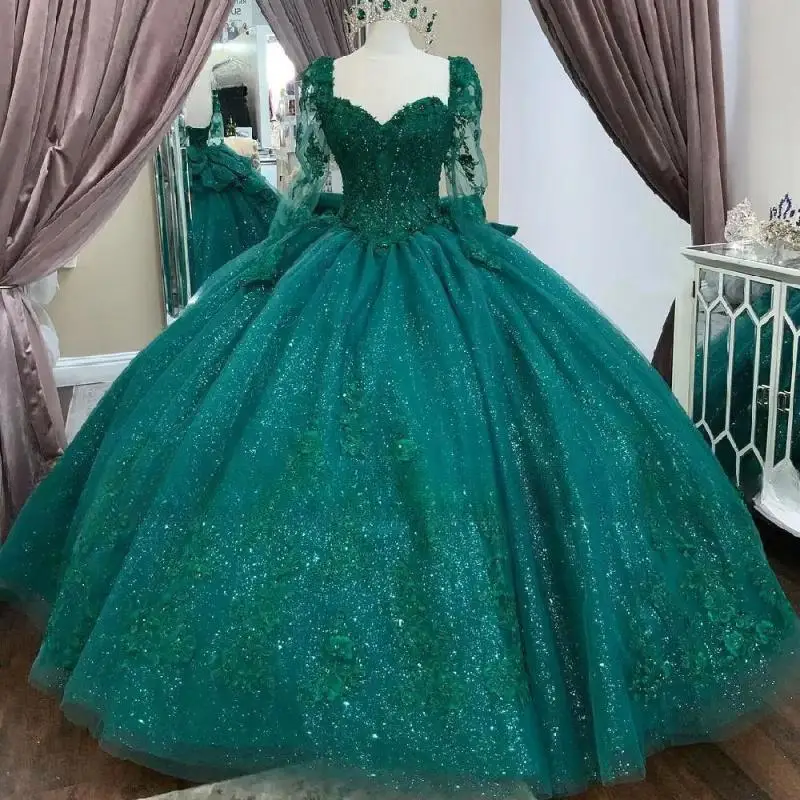 

New Arrival Green Ball Gown Quinceanera Dress 2025 Long Sleeveless Bow Applique Princess Birthday Party Vestidos De 15 Años Miss