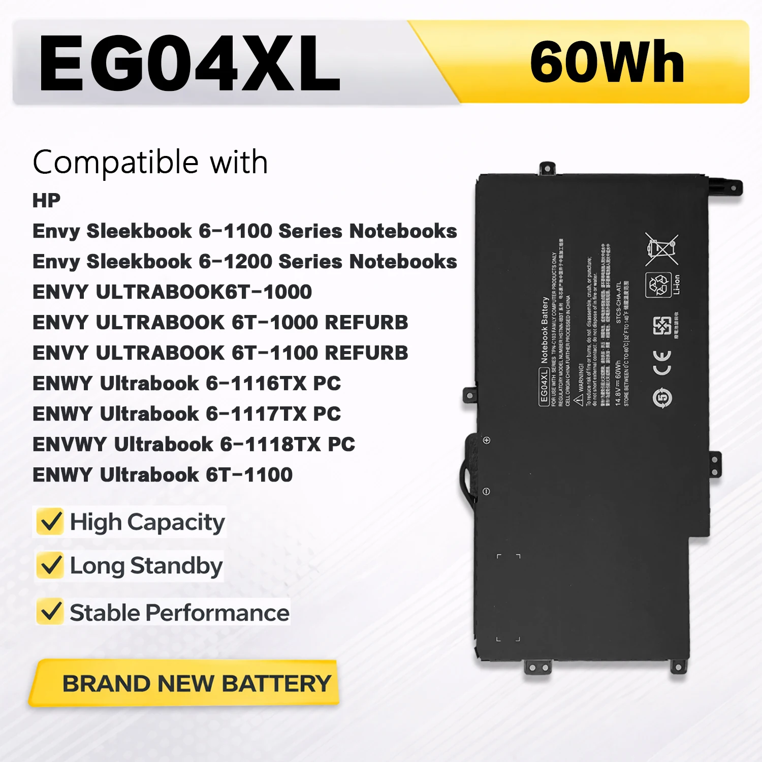 PowerHub EG04XL Laptop Battery For HP Envy 6 6T Sleekbook 6-1100 6-1200 HSTNN-IB3T TPN-C103 681951-001 681881-121 60Wh 14.8V