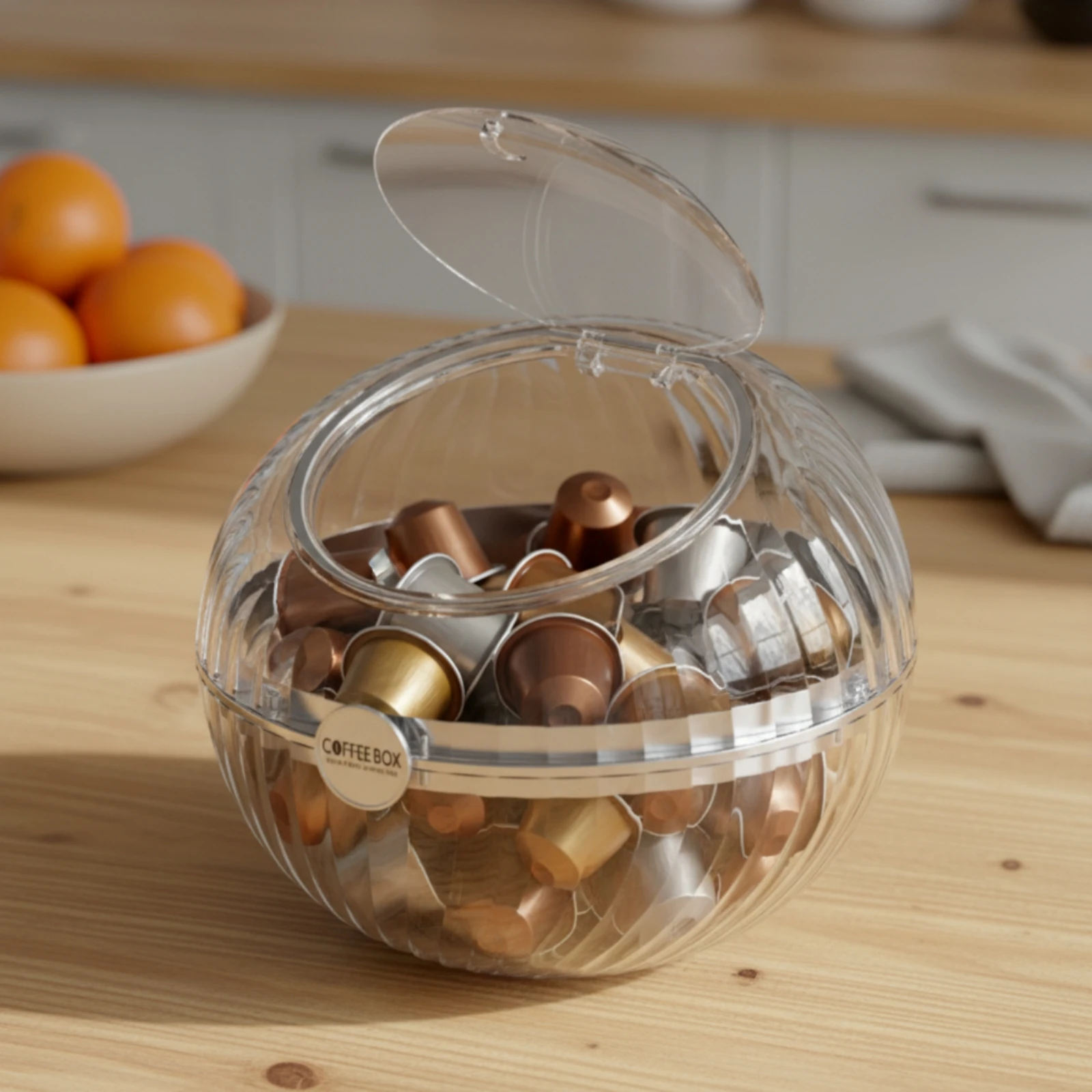 Spherical Storage Box with Hinged Lid Transparent Coffee Pod Storage Box with Lid Coffee Capsule Holder Ribbed Clear Candy Jar