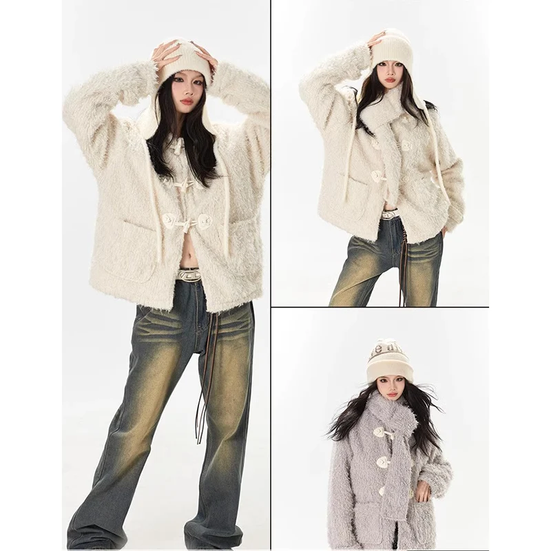 

Thicken Warm Faux lamb Wool Coat Autumn Winter Loose Long-sleeve Outerwear Solid Color Women Jacket Parkas Casual Tops