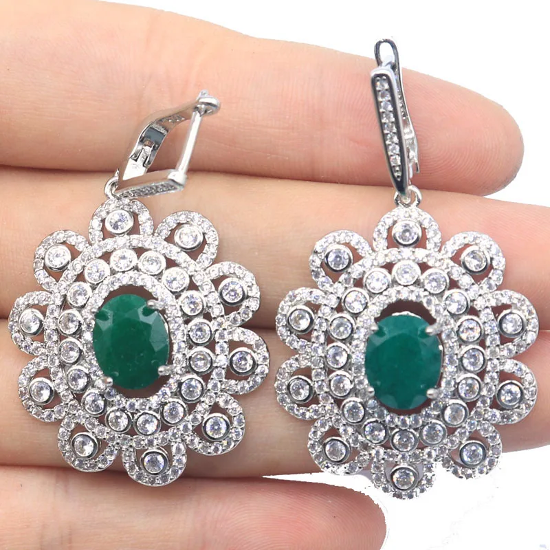 

46x28mm European Design Green Emerald Blue Sapphire Red Ruby White CZ Wedding Silver Earrings