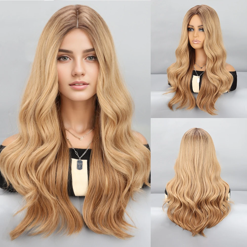 Synthetic Wigs Ombre Light Brown Blonde Long Water Wavy  Natural Middle Part Daily Hair for Women Cosplay