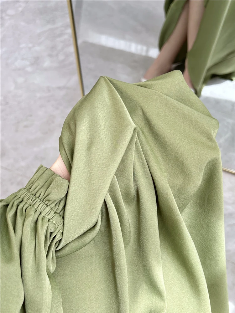 Satin dress Hanging Dress 2024 Spring New V-neck Long Sleeve Waist Fold Satin Long Dress French Style