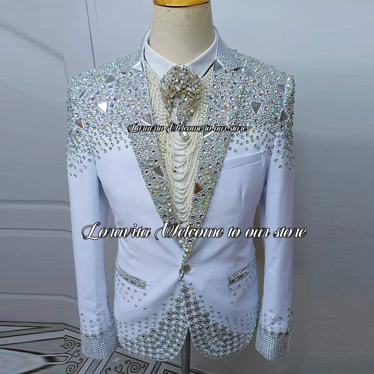 Luxury Gem Men Suits For Wedding Groom Tuxedos Sparkle Crystals  Male Prom Party Blazers 2 Pieces Sets Slim Fit Costume Homme