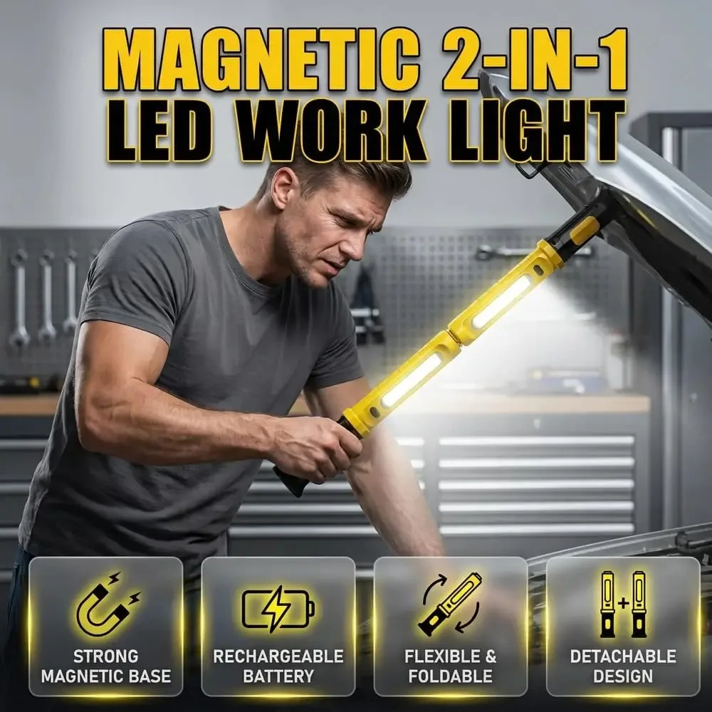 2-In-1 LED Magnetic Work Light Rechargeable Underhood Work Lamp With Hook & Rotating Magnetic Base For Car Repairing Emergency