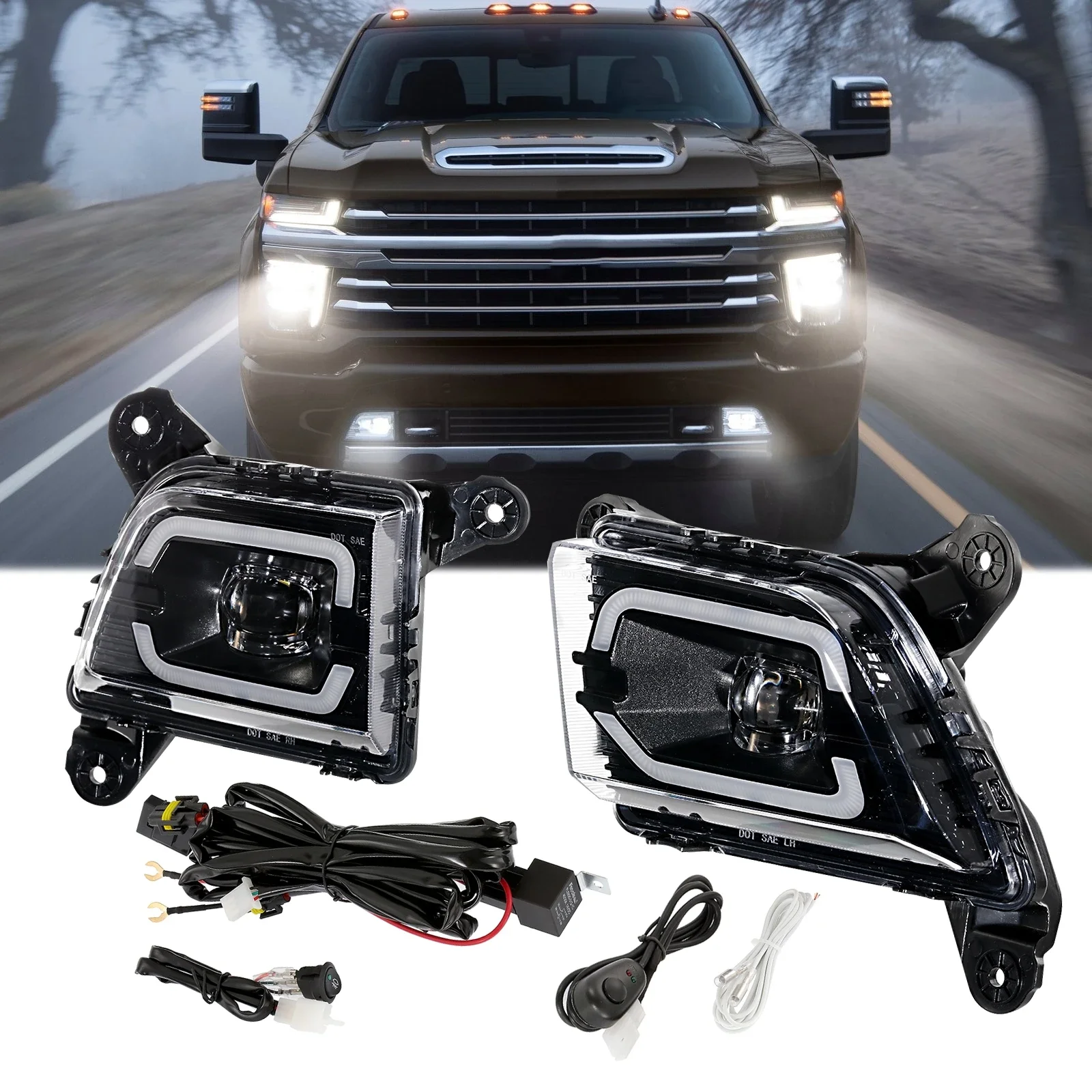 For Chevy Silverado 1500 2019-2021 LED Fog Light with Daytime Running Lights DRL Driving Passing Fog Lamp Wire Harness