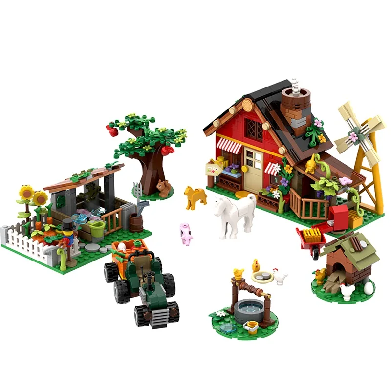 Kreative Windmühle Bauernhof Haus Bausteine Modell mit Landwirtschaft Auto Tiere Bäume Pflanzen Ziegel Zubehör Puzzle Spielzeug Geschenk