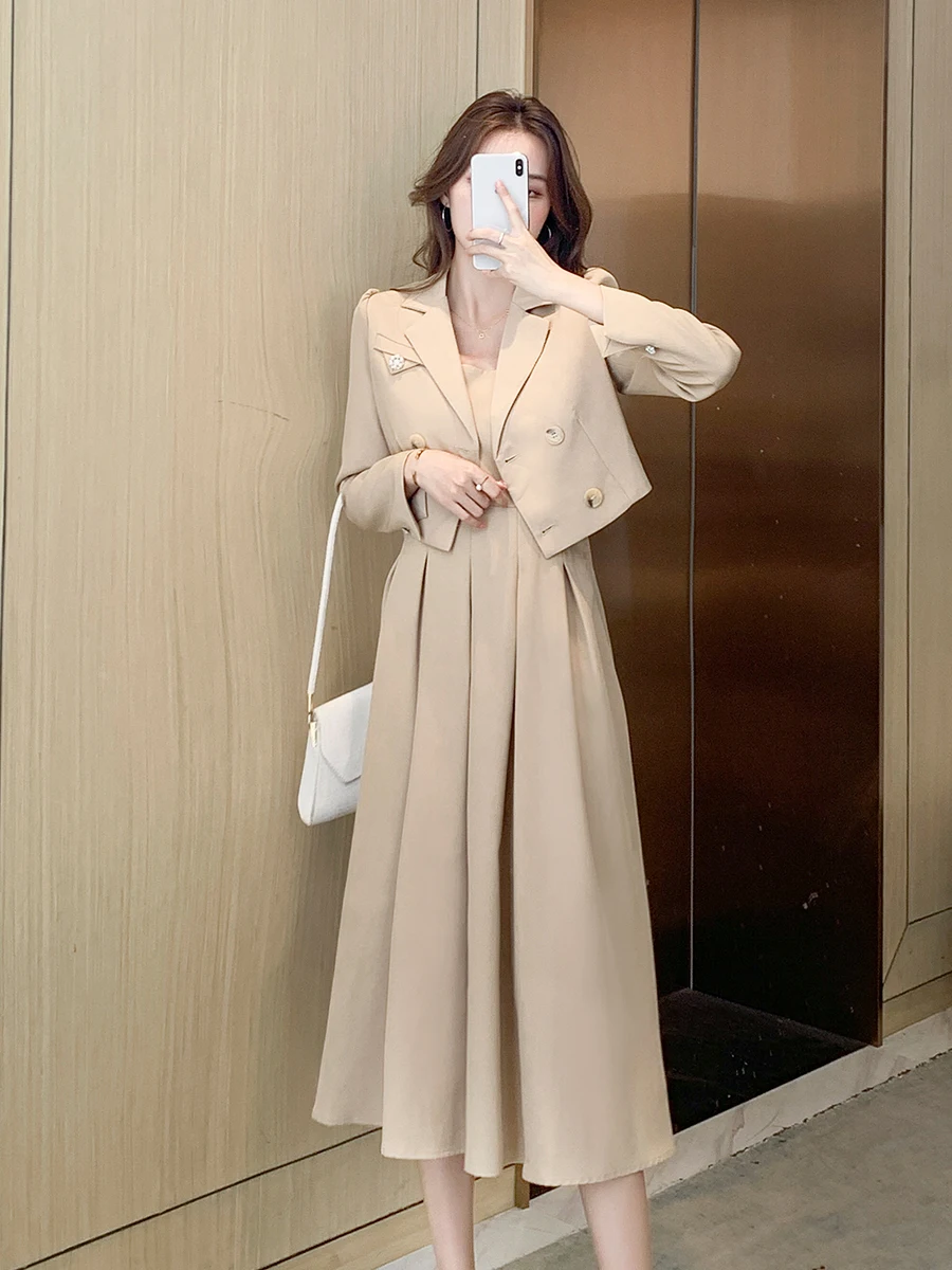 

Actual Stock 2024 Spring New Design Suspender Dress Suit Set for Women Versatile Mini Suit Two-Piece Set Female Office Lady Girl