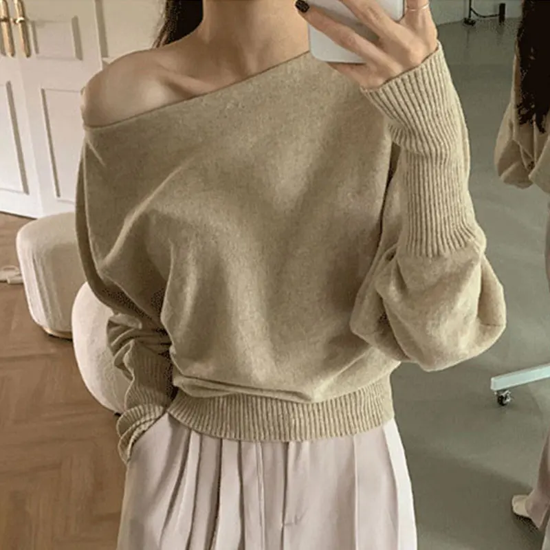 Retro Temperament Solid  Lantern Sleeve Knitted Sweater for Women Sueter Pullover Black Grey Tops  Clothes Pull Femme