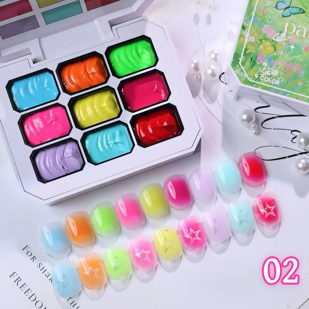 9 Colors Bright Spring Summer Solid Patting Gel Palette UV LED Soak Off Pigment For Vivid Gradient Nail Art，DIY  Manicure