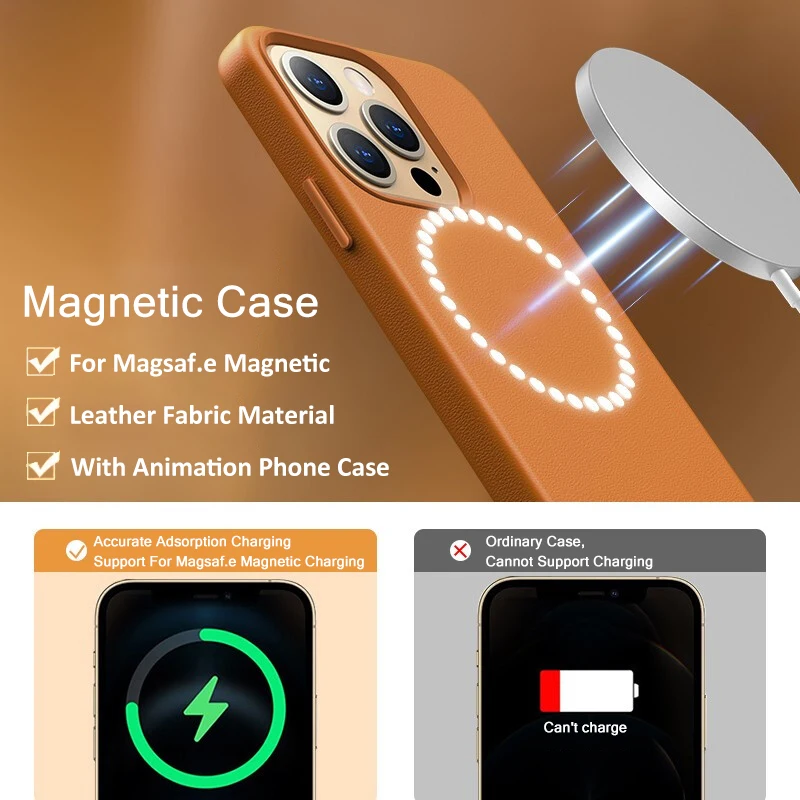 Luxury Original Leather Animation For Magsafe Case For iPhone 15 13 14 Pro Max Mini Plus Wireless Charging Magnetic Phone Cases