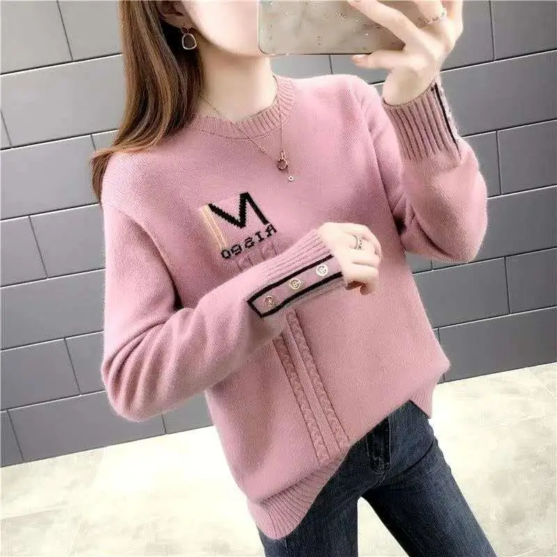 2023 Autumn Winter Women Korean Fashion Letter Button Chic Knitted Sweaters Casual Long Sleeve Loose Pullover Tops Basic Jumpers