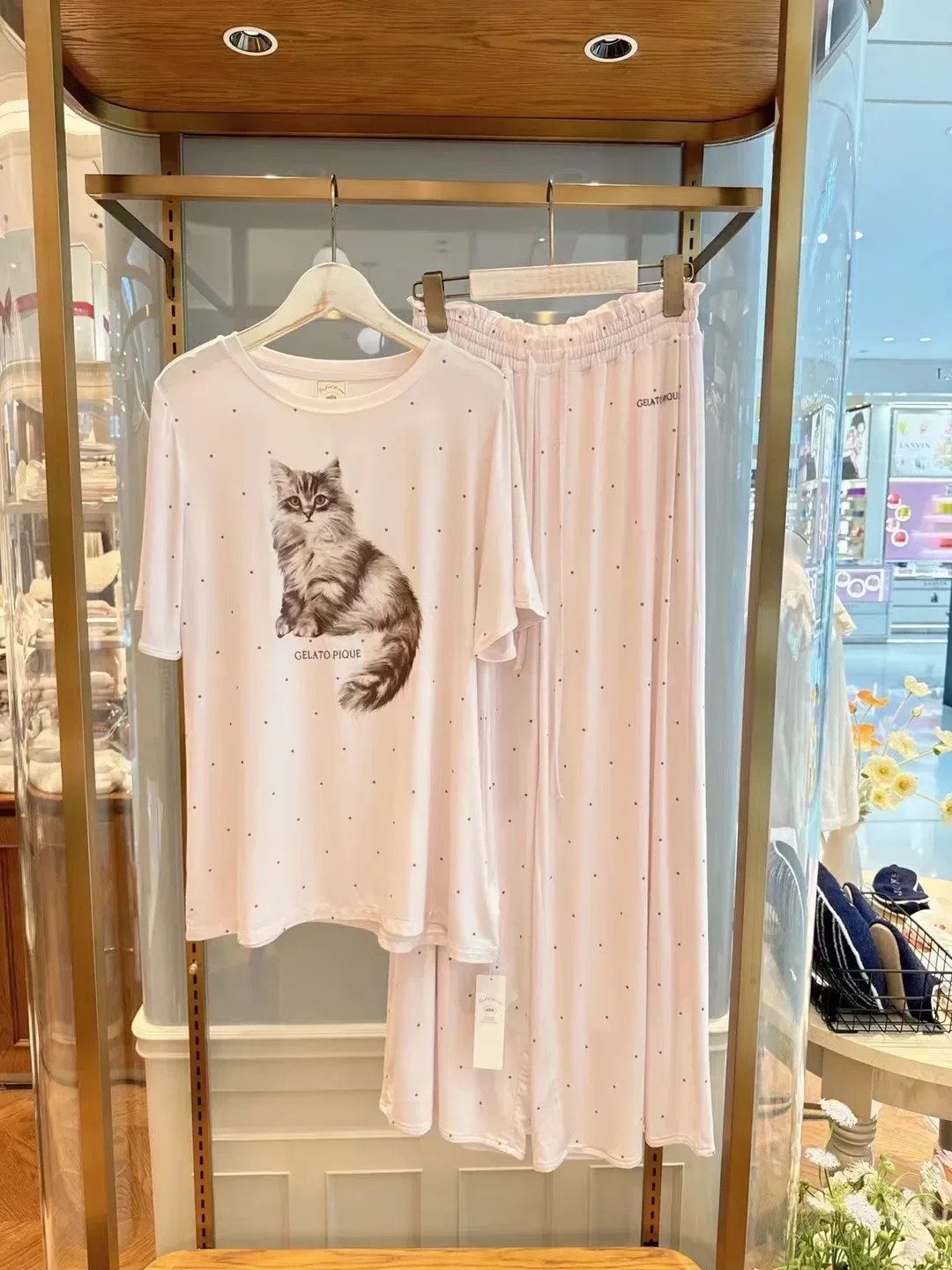 Summer Autumn New Ice Cream Cute Cartoon Cat Polka Dot Pajamas Women's Modal Cotton Short-sleeve Top Trousers Pajamas Sleepwear