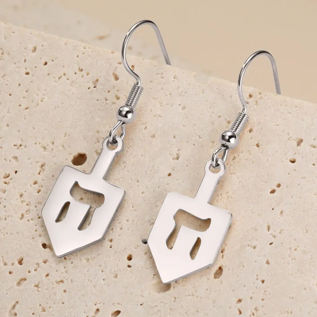 LIKGREAT Hei Nun Shin Gimel Hebrew Letter Dangle Earrings Stainless Steel Judaica Symbol Jewish Dreidel Jewelry Hanukkah Gifts