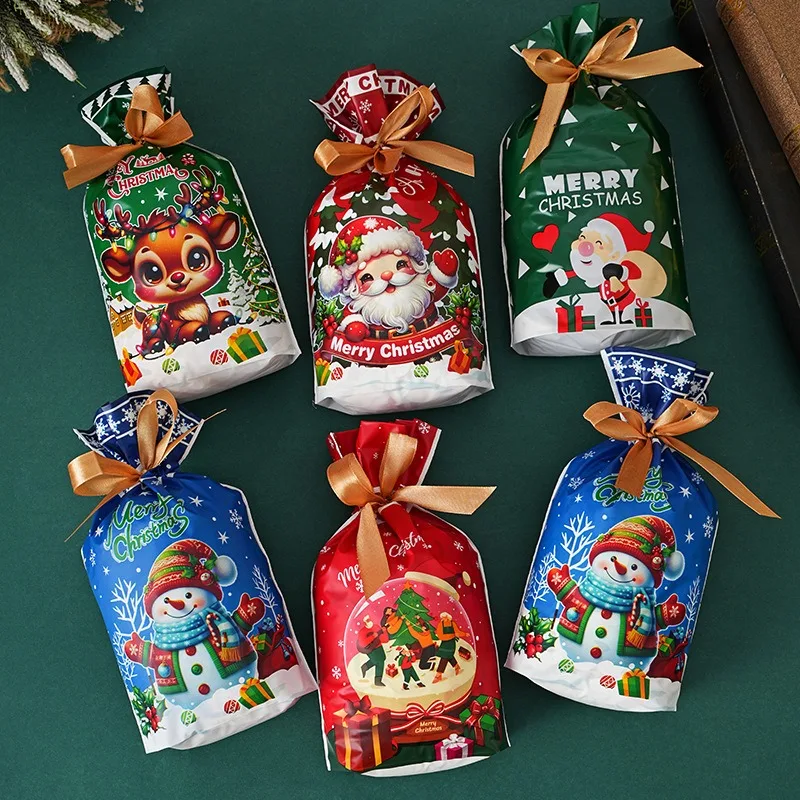 Christmas Candy Bags, Small Gift Bags Cartoon Drawstring Pouch for Christmas Eve Apple Party Favor 23*34 100PCS