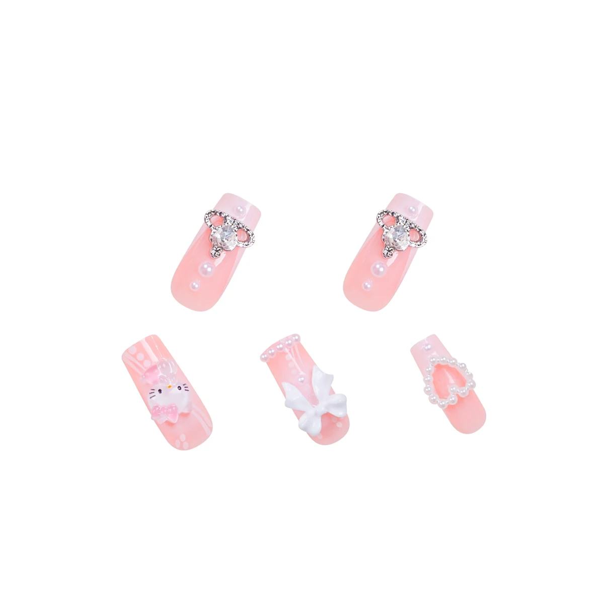 귀여운 헬로 키티 3D 드릴, 흰색 활 드릴, 중간 및 긴 사각형 네일 패치, 흰색 프렌치, 24 개