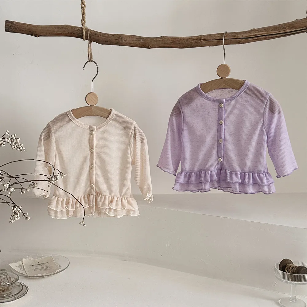 2026 Summer New Baby Long Sleeve Coat Cotton Girls Cute Sweet Ruffle Sunscreen Clothing Infant Toddler Thin Solid Lace Cardigan