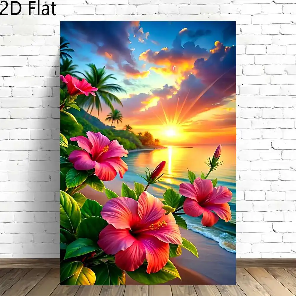 2D Flat, 2D Flat, 2D Flat 1pc Tropical Sunset Featuring Hibiscus And Palm Trees. This Frameless Canvas Art Is Ideal for Decor