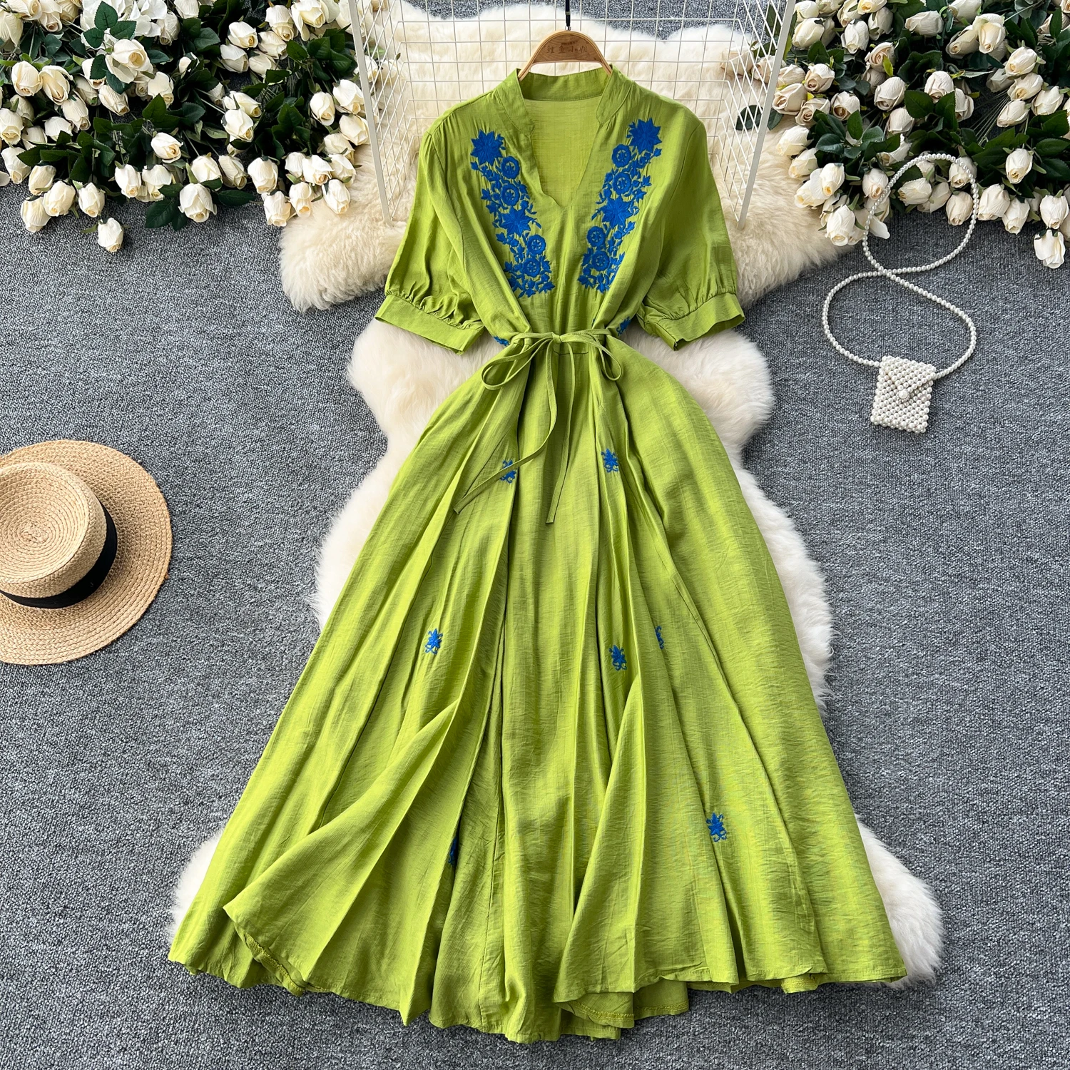 Retro embroidery v neck Dress puff Sleeve loose Beach Vacation Women Korean Fashion Summer Vestidos dresses