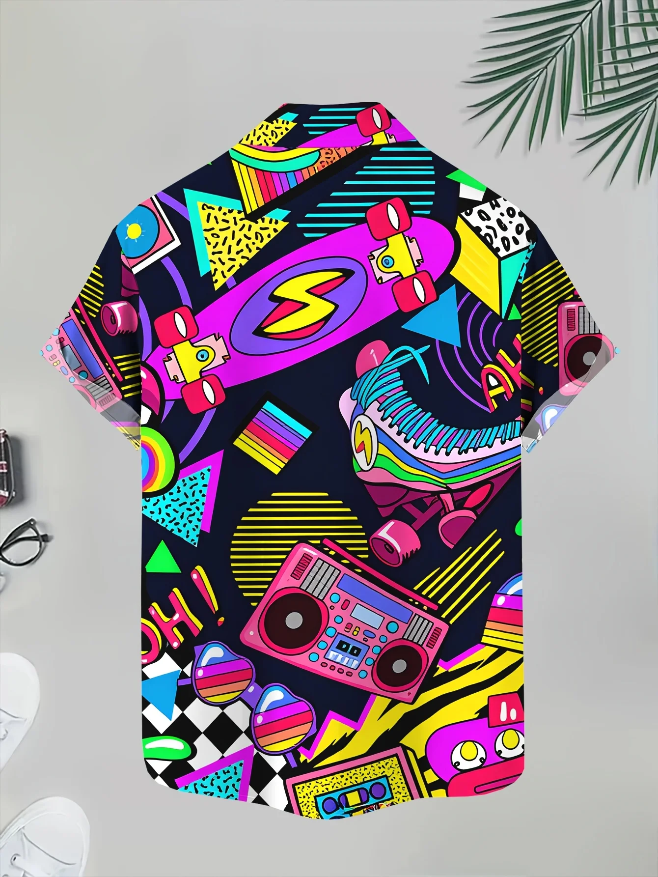 Men Short Sleeve Shirt 80s Retro Boombox Skateboard Pop Geometric Print Turn‑Down Collar Hawaiian Casual Street Tops