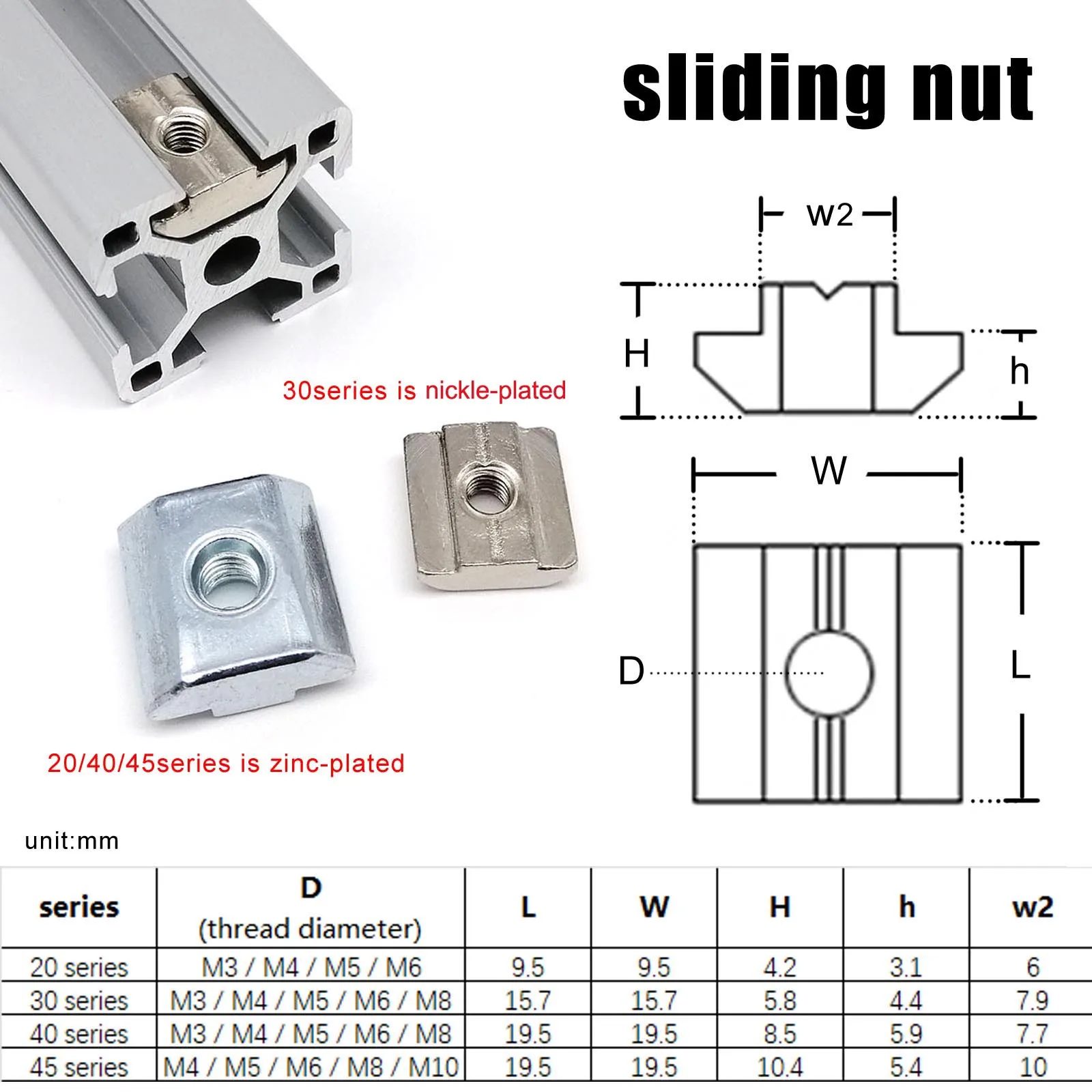 HZYUEGOU 20 Stück M3 M4 M5 M6 M8 M10 T-Form Gleitmutter Hammer für 20 30 40 45 Serie Aluminiumprofil-Extrusionsschienen – Detail 2