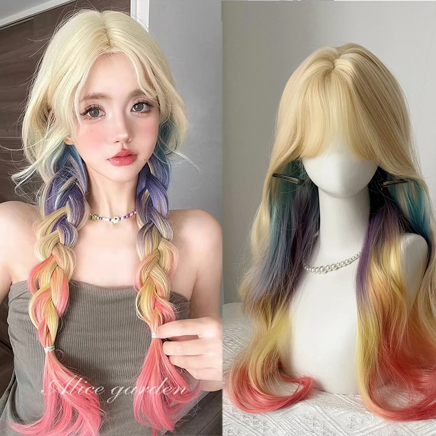 Dopamine Colorful Long Curly Wig Rainbow Gradient Ombre Synthetic Wig Natural Big Wave Lolita Cosplay Hairpiece