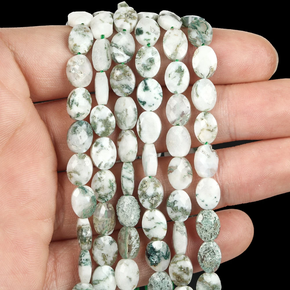 23pcs 6x8mm Natural Stone Beads Faceted Tree Agate Oval Loose Beads for Jewelry Making DIY Bracelet Handmade Accessories 7inches