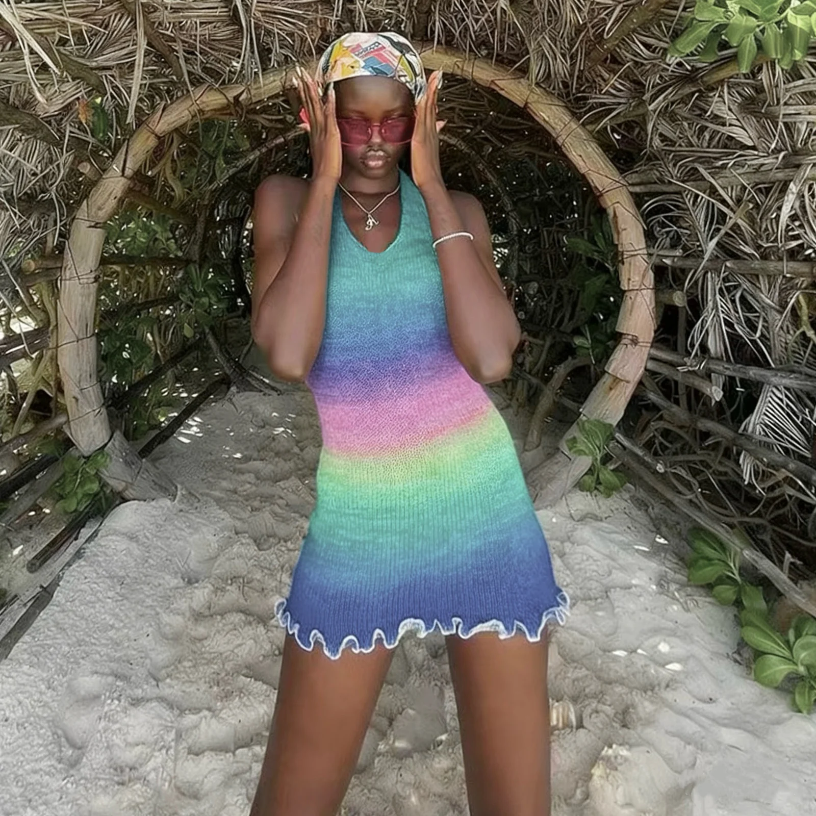 Vestido corto con dobladillo de Color degradado, moda de vacaciones de verano, cubierta de punto con lazo sin espalda, vestido Sexy ajustado de Color aleatorio