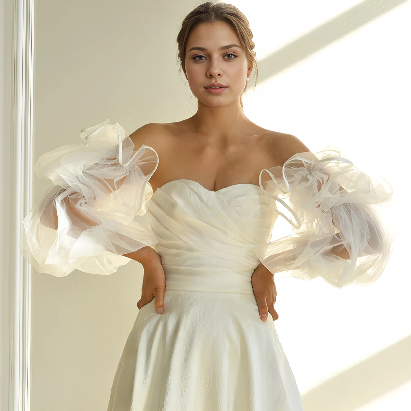

Youlapan MM37 Long Women's White Mesh Gloves White Satin Ribbon Edged Ruffled Wavy Edge Bridal Arm Decoration