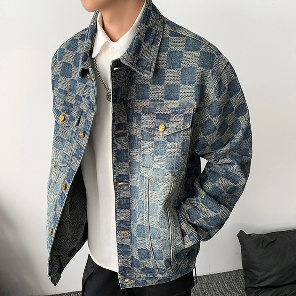 Men's Plaid Denim Jacket Vintage Patchwork Jean Jacket Casual Button Up Jacket Streetwear Spring Autumn