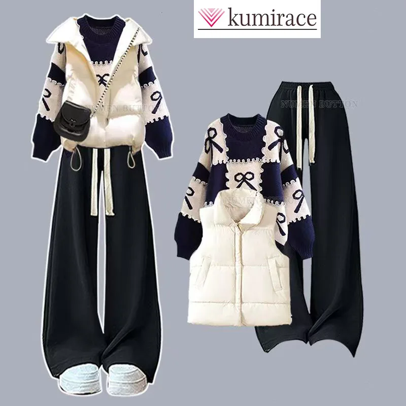 

Winter Set Women's 2025 New Color Blocked Premium Sweater Warm Cotton Jacket Wide Leg Pants 3-Piece Setnew in Matching Sets