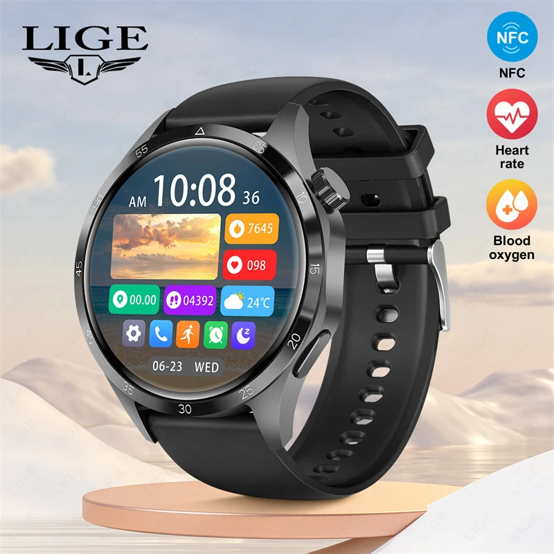 

LIGE GPS NFC для Huawei GT4 Pro Смарт-часы Мужские часы AMOLED HD Экран Bluetooth Вызов IP68 Водонепроницаемые умные часы с пульсометром 2024