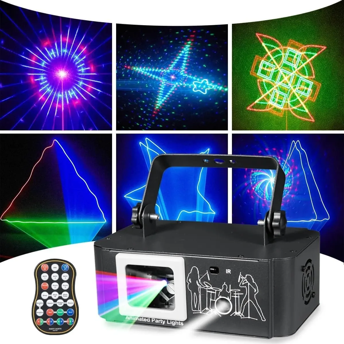 

Лазерный проектор RGB для вечеринок – проектор звездного неба и сканирующий проектор с режимом вращения, звуковым управлением, DMX512 и дистанционным управлением, многофункциональное лазерное освещение, подходит для диджеев, клубов, вечеринок и мероприяти