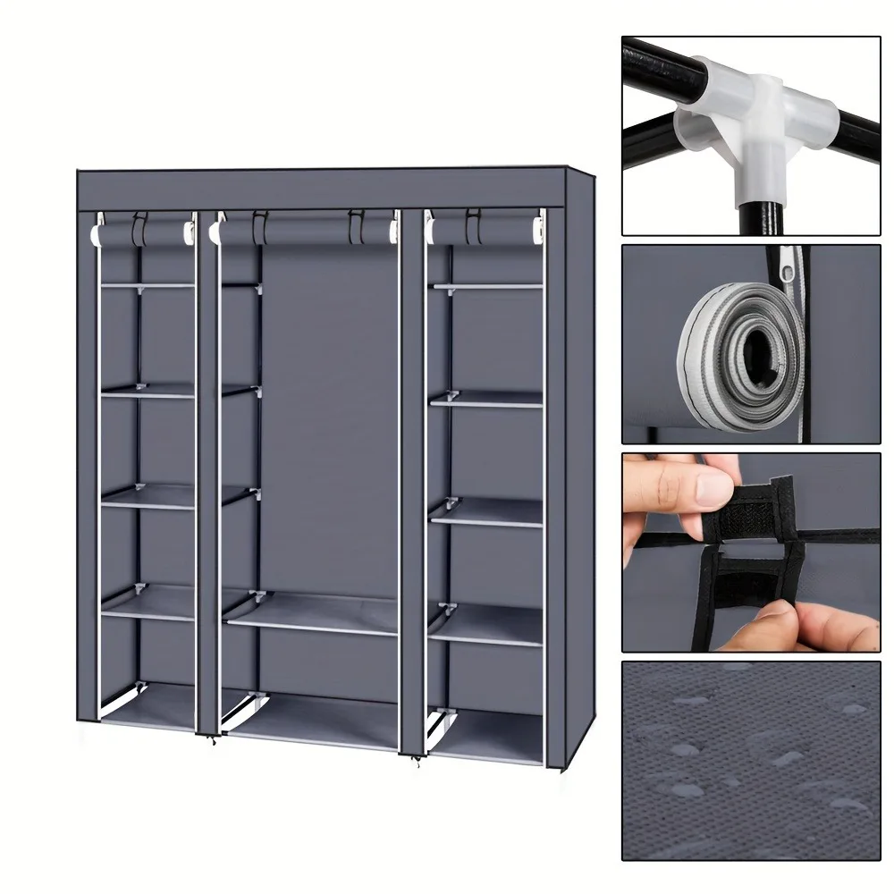 69 Inch Portable Closet Wardrobe Storage Organizer with Non-Woven Fabric, Quick and Easy Assembly Extra Strong and Durable Grey