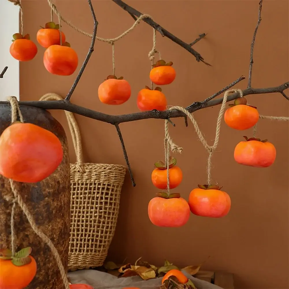 Simulation Persimmon Fruit with Frost Fruit Branch Wall Hanging Ceiling Decoration Leaves Fake Decor