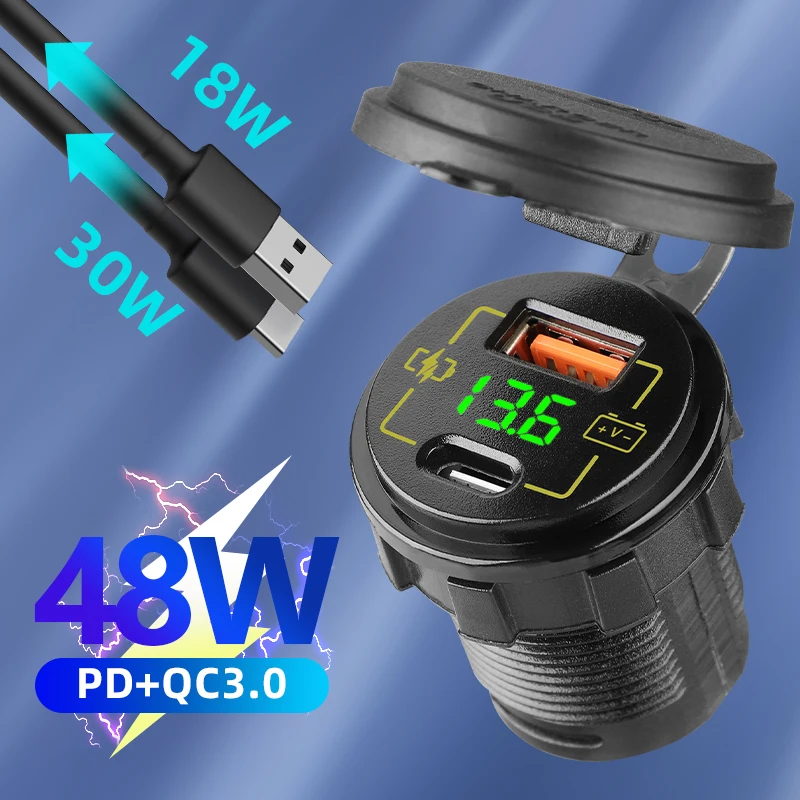 48W 12V Fast Charge With Toggle Switch PD QC3.0 Car Charger USB C Waterproof Power Socket Adapter Splitter Panel LED Voltmeter