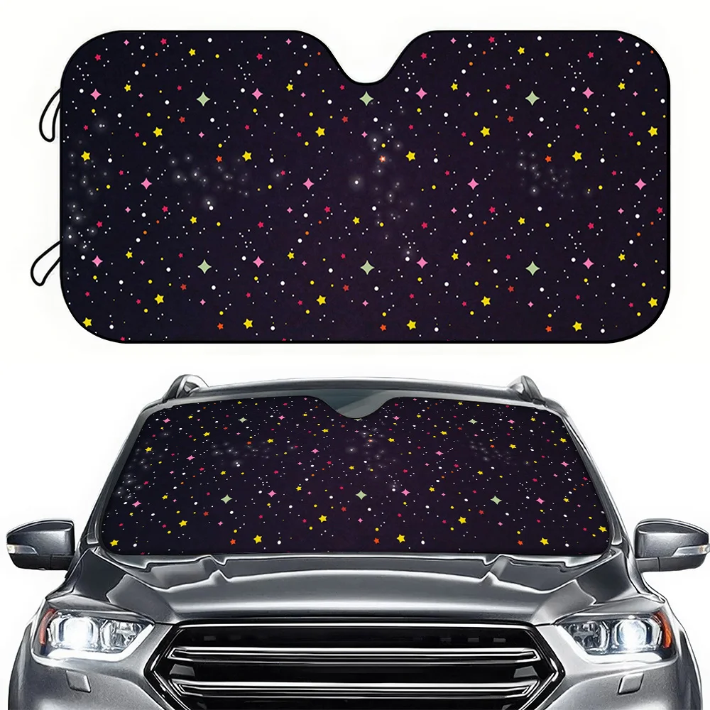 A Car Sunshade With A Black Background And Star Decorations, Featuring High-Definition Printing. This Sunshade Is Designed For T