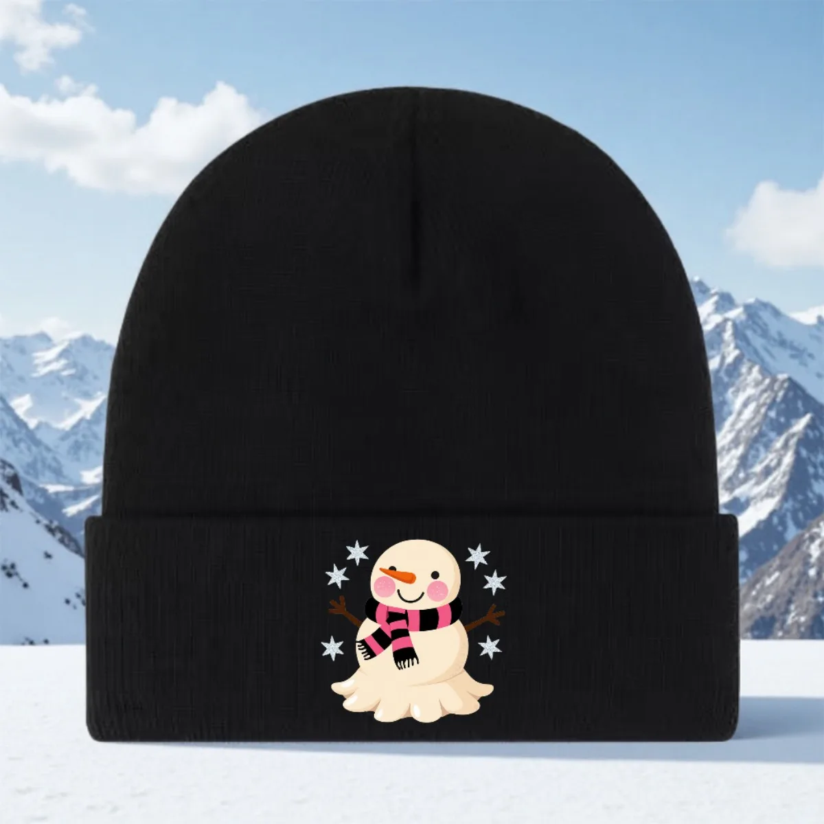 Snowman Print Knit Beanie Hat with Scarf Stars Unisex Winter Warm for Men Women, Soft Round Top Christmas Accessory