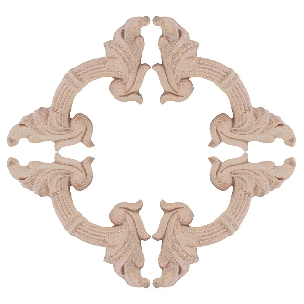 4PCS Wood Figurines Wood Applique Wooden Decal Onlay European Retro Crown Flower Oval Wooden Furniture Corner Home Decoration