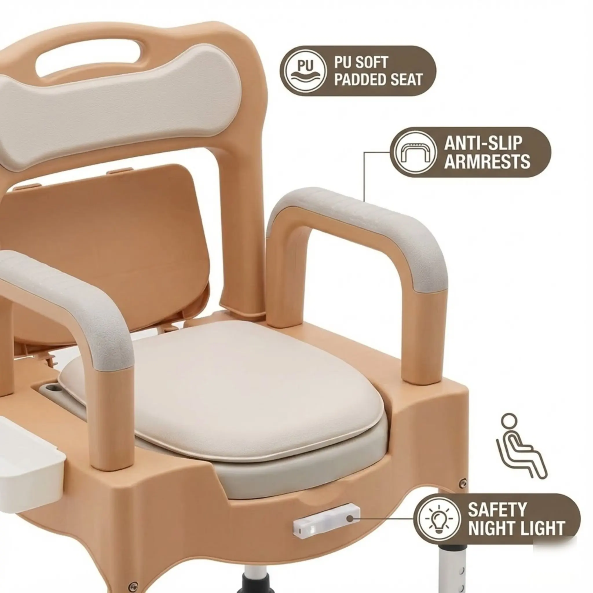 كرسي edside Commode لكبار السن عالي التحمل قابل للتعديل مع ضوء ليلي