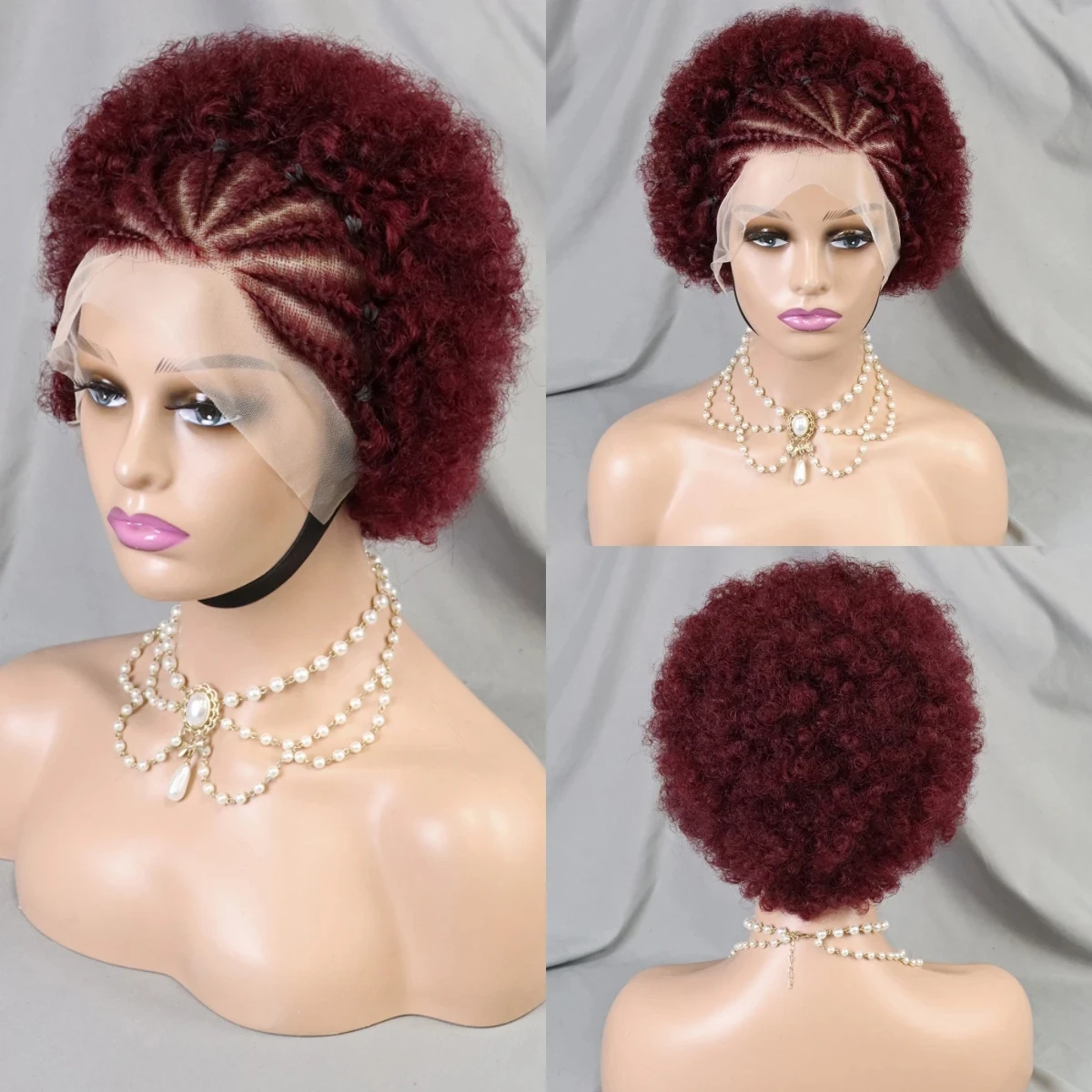 Perruque de Cheveux Humains Courts Bouclés, Coupe Pixie 99J, 13x4, Dentelle Transparente, Rouge Bordeaux, Coloré, avec Tresses