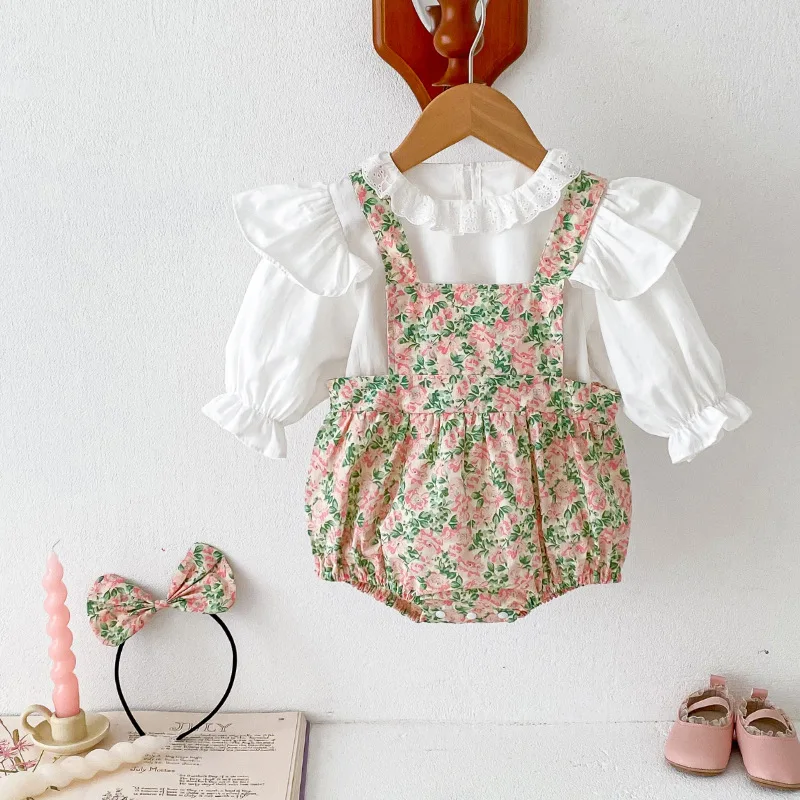 24 Spring New Baby Clothes Women's Treasure Fragmented Flower Bun Bottom Clothes Climbing Clothes 2-piece Set for Girls Long