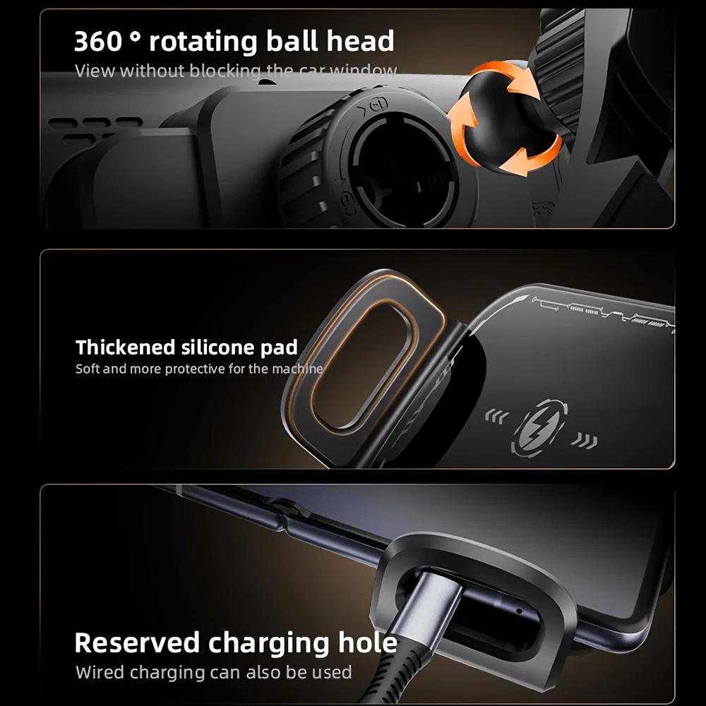 

15W Auto-Sensing Wireless Car Charger With 360° Ball Joint, Reinforced Silicone Grip, And Integrated Wired Charging Port