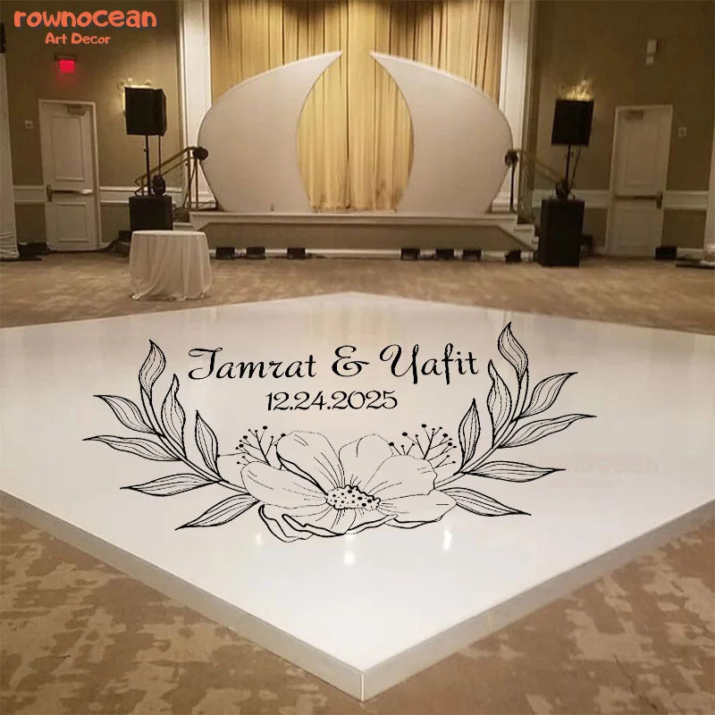 Custom Groom Bride Name & Date Wedding Dance Party Floor Decal Flower Pattern Design Vinyl Removable Wedding Decor Sticker Q084