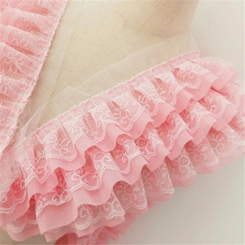 11CM Wide Three Layers Chiffon Pleated Lace Fabric Embroidery Fringe Ribbon Dress Curtain Hemlines Ruffle Trim DIY Sewing Decor