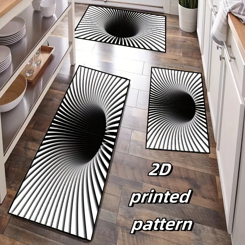 2D Flat Black White Spiral Optical Illusion Vortex Flannel Door Mat Non Slip Modern Art Rug For Entryway Hallway Floor